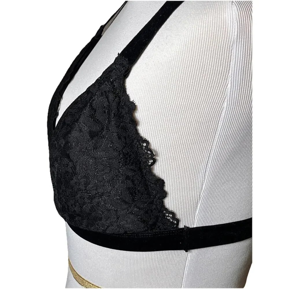Rene Rofe Black Lace Bralette L Wireless‎ Padded Cross Back Velvet Straps - Picture 7 of 11